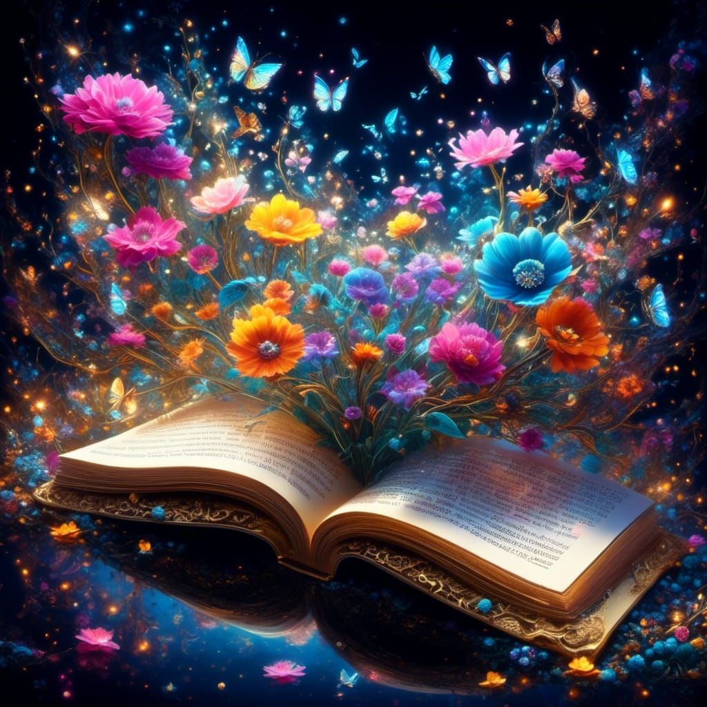 Magical Spell Book with Floating Flowers