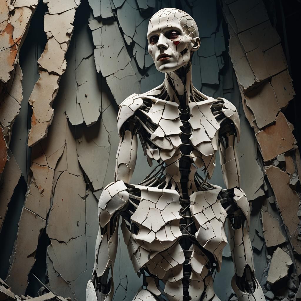 The porcelain mannequin with shattered skin, fears attack