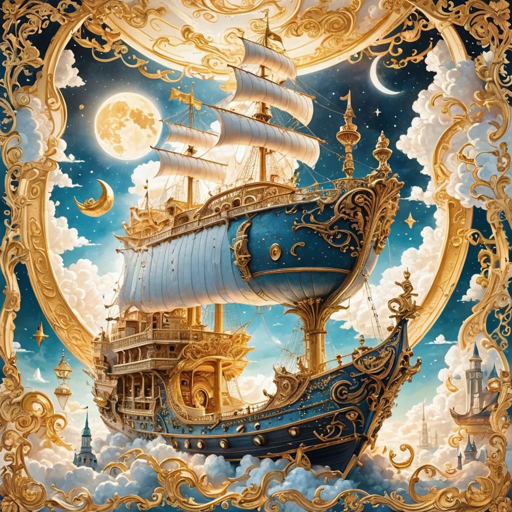 Ornate Ship Anchored in Clouds at Sunset