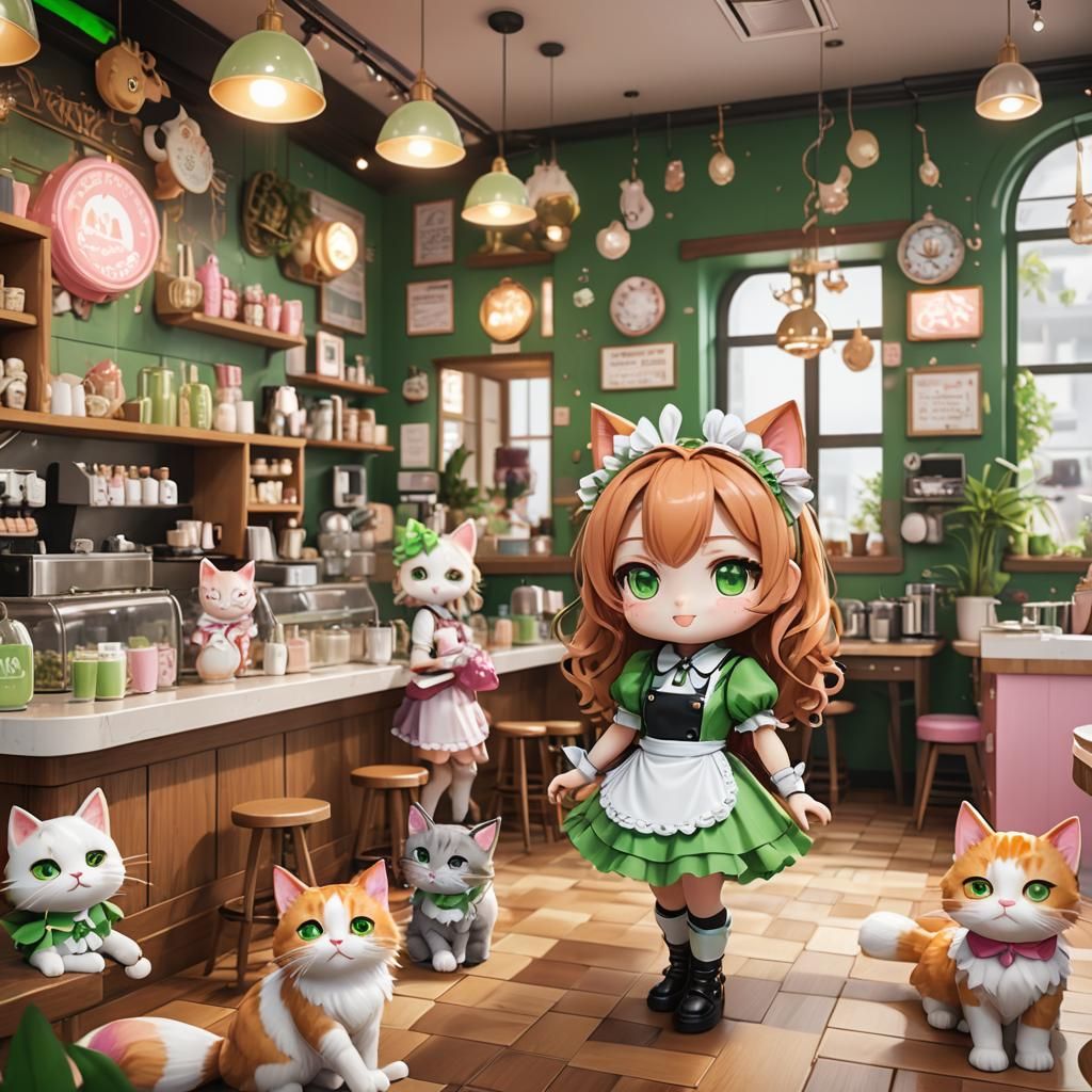 Chibi Catgirls in Cat Cafe, Detailed Digital Art