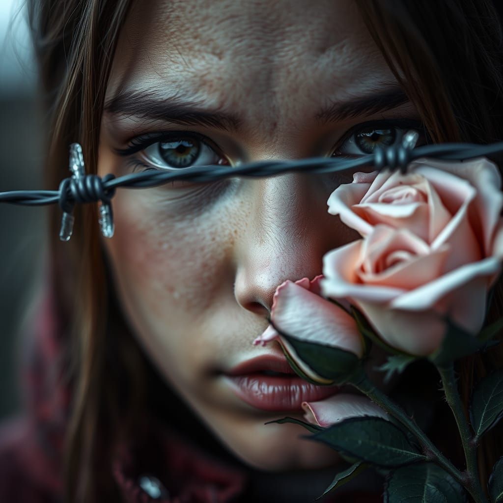 Young Woman's Gaze Pierces Through Barbed Wire