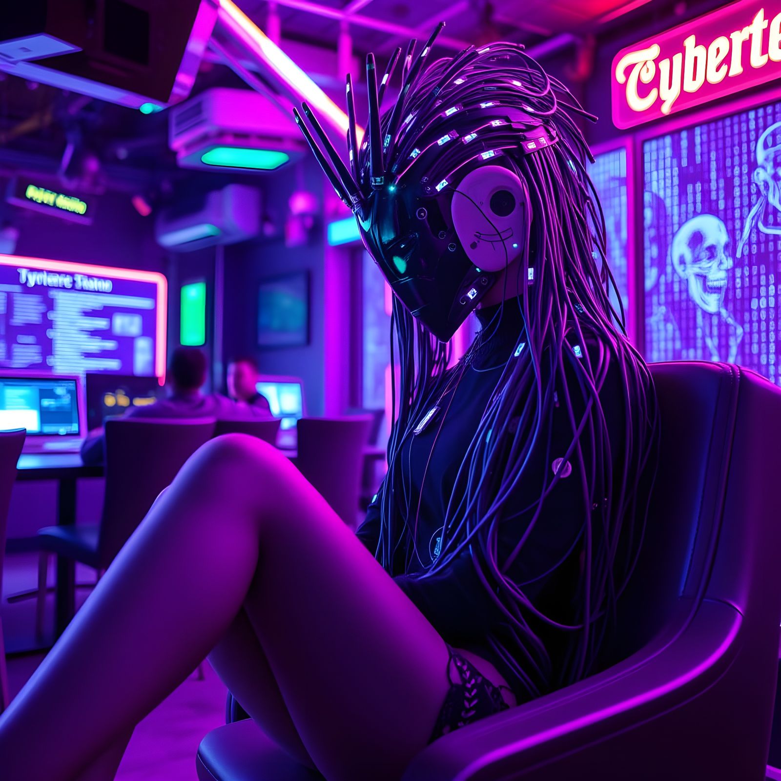 Cyberpunk Android in a Neon Cyber Cafe
