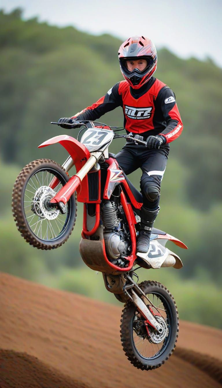 Young Racer Soars Through Air on Red Motocross Bike
