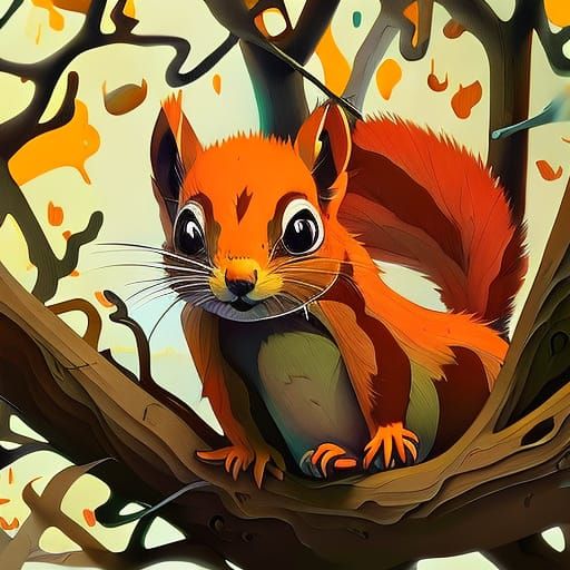 Adorable Squirrel in Tree, Hyperrealistic Splash Art