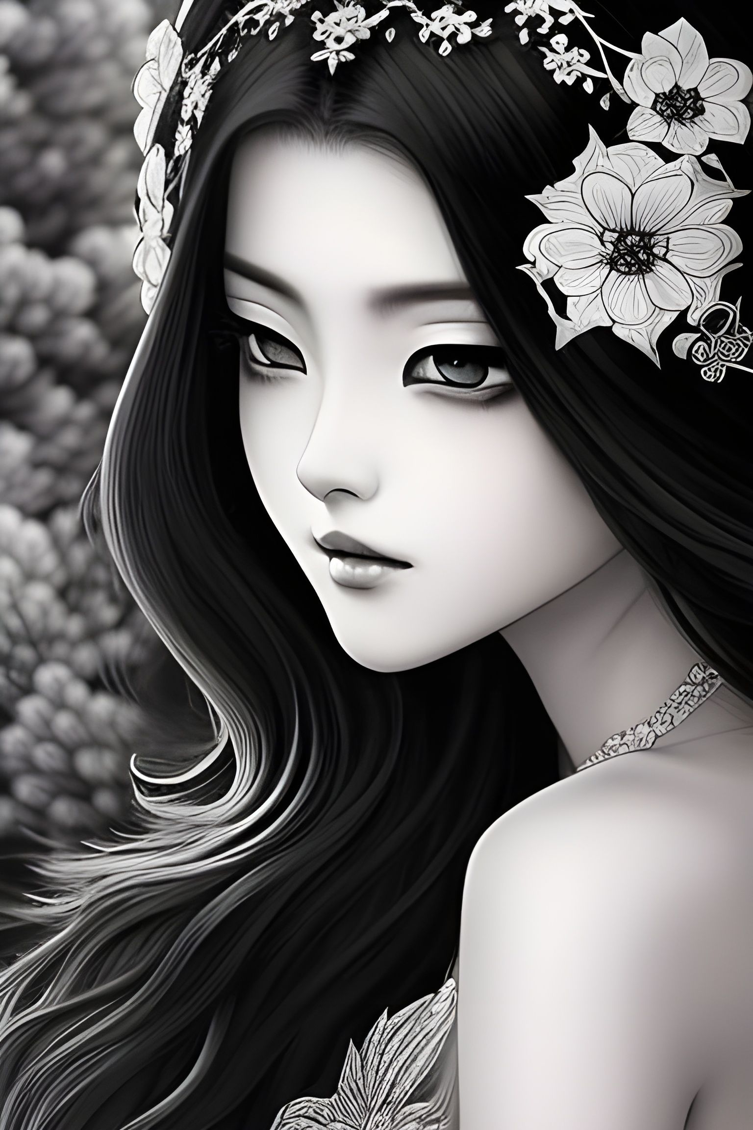 Intricate Manga Drawing of Woman with Flower Crown