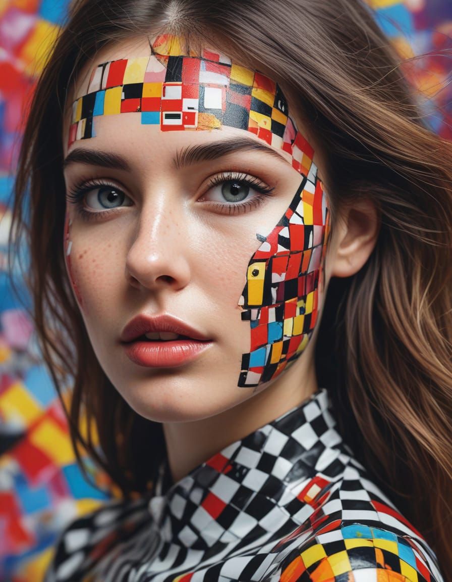 Gingham Print Portrait in Vibrant, High-Contrast Colors