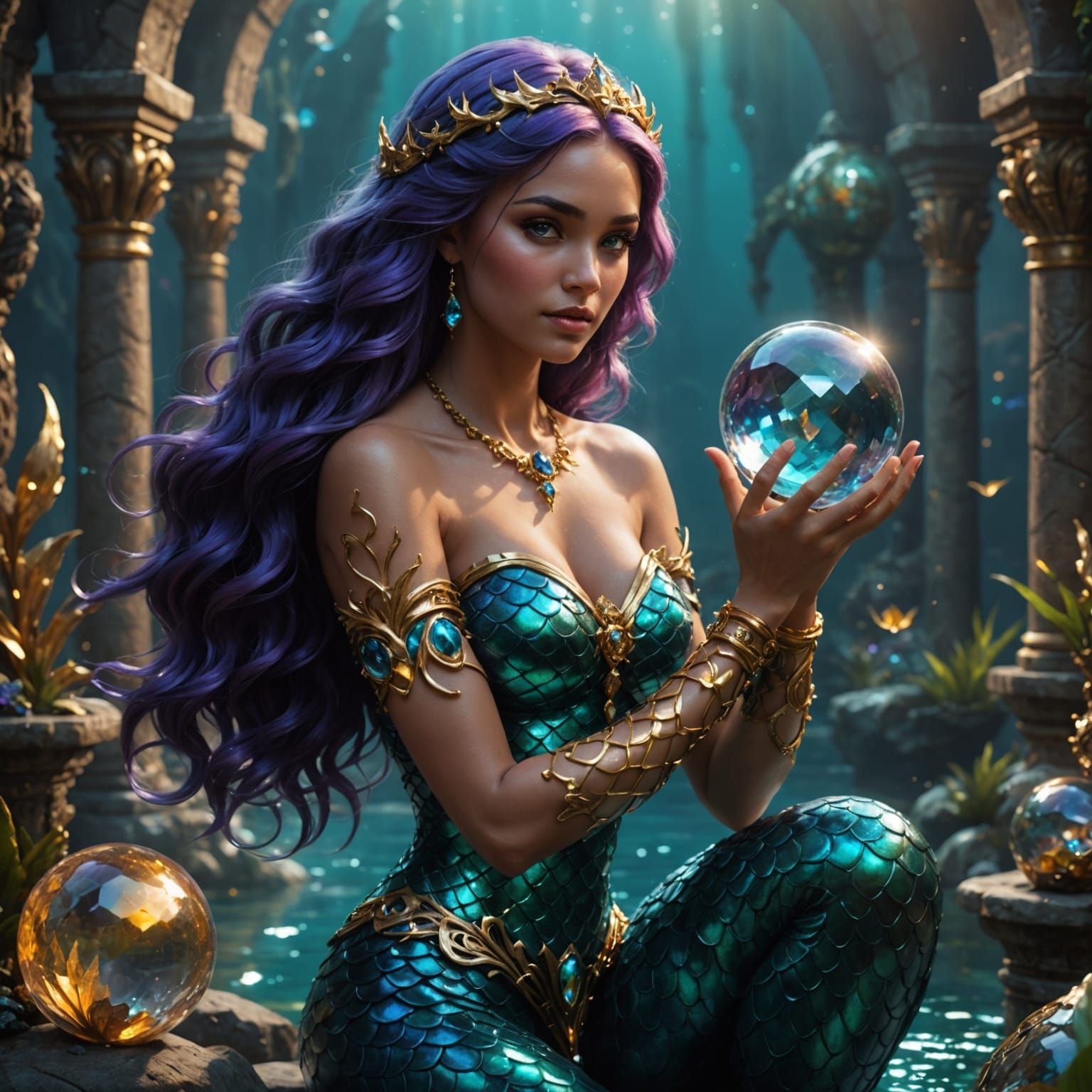 Enchanting Mermaid Holding a Magical Crystal Ball