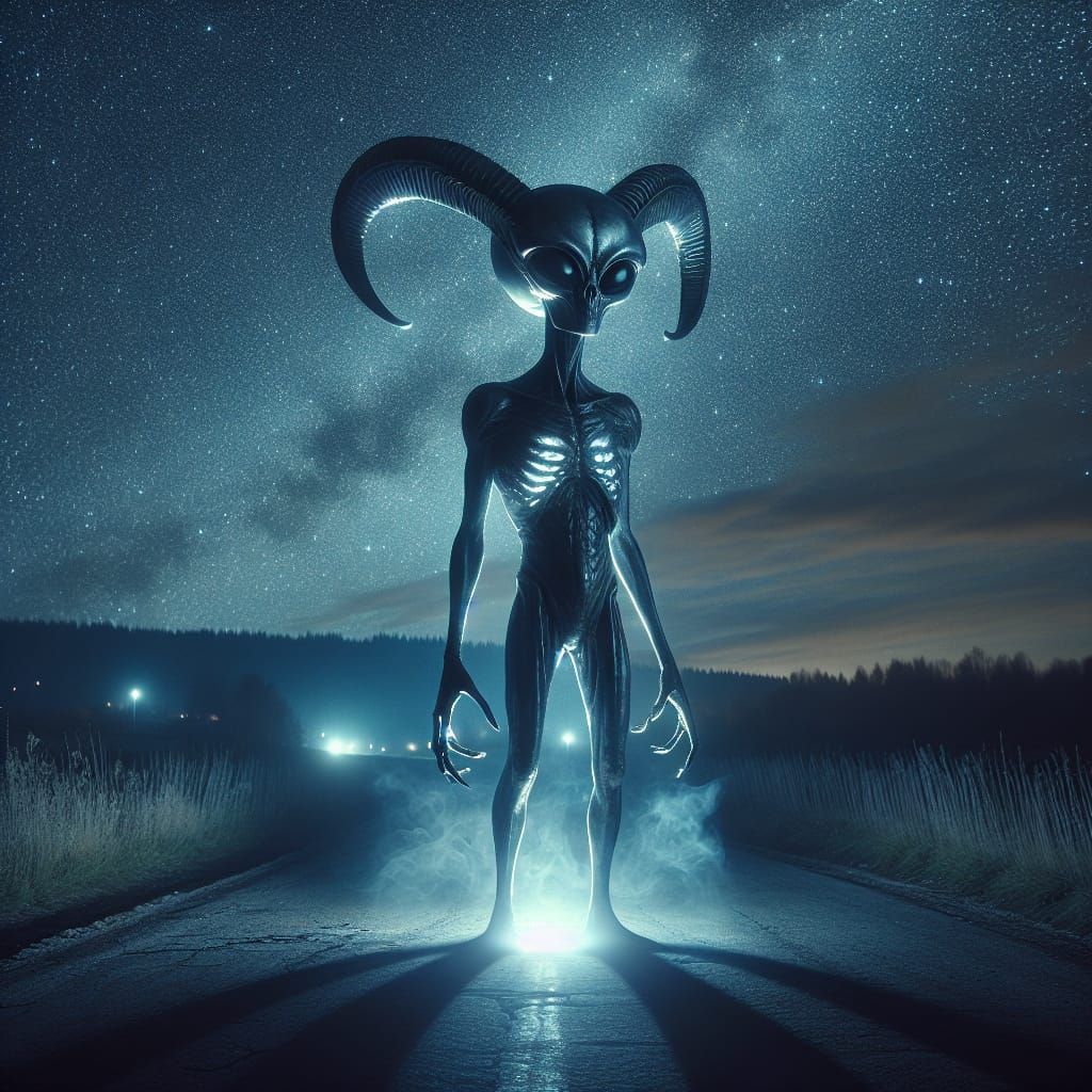 Otherworldly Alien Figure in Moonlit Street
