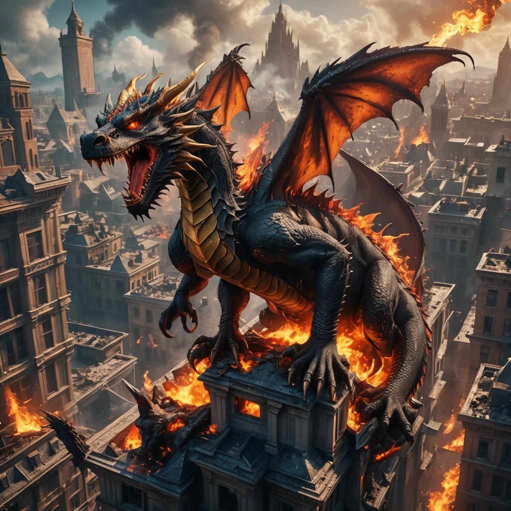 Fiery Dragon Perched Atop Building in Detailed Matte Paintin...