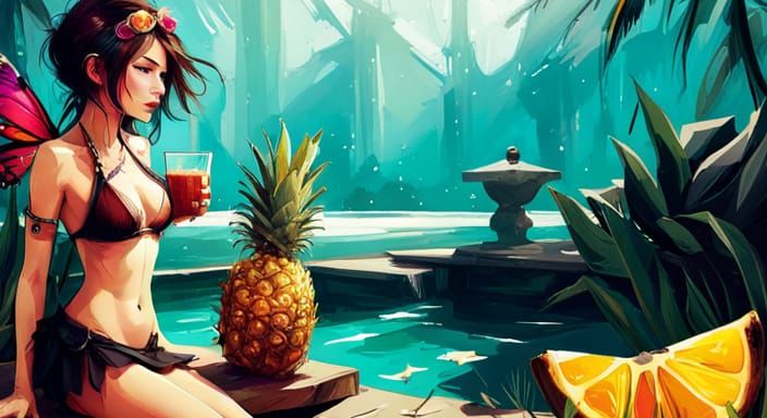 Fairy Sipping Piña Colada: Digital Art