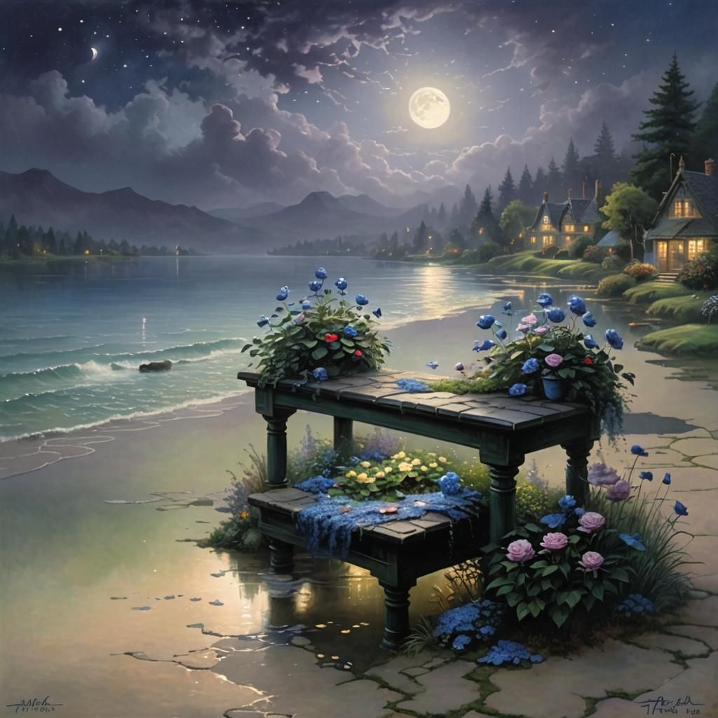 Ethereal Midnight Garden Under Full Moon