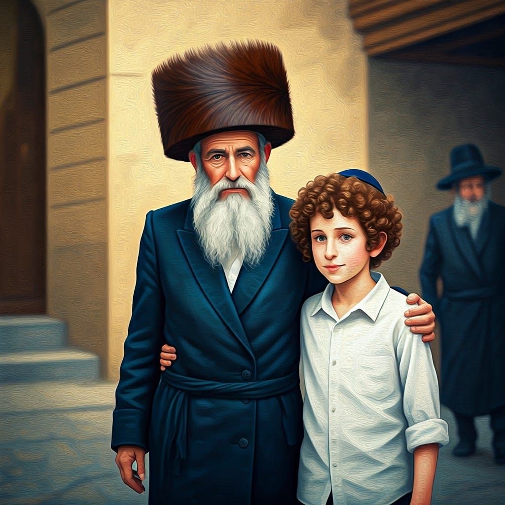 Hasidic Father and Son in Expressive Impressionist Style