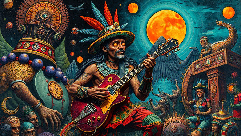 Surreal Blues Latino Figure in Dreamlike Landscape