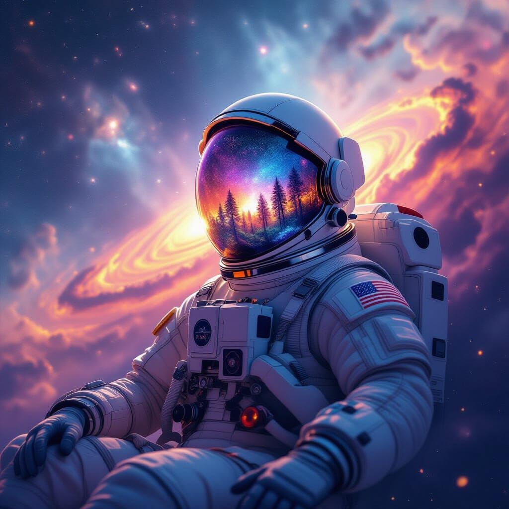 Astronaut Adrift in Cosmic Nebula with Bioluminescent Reflec...