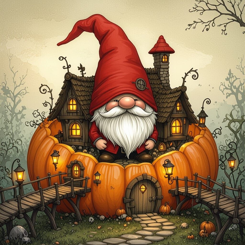Gnome Village Inside a Pumpkin, Fantasy Illustration