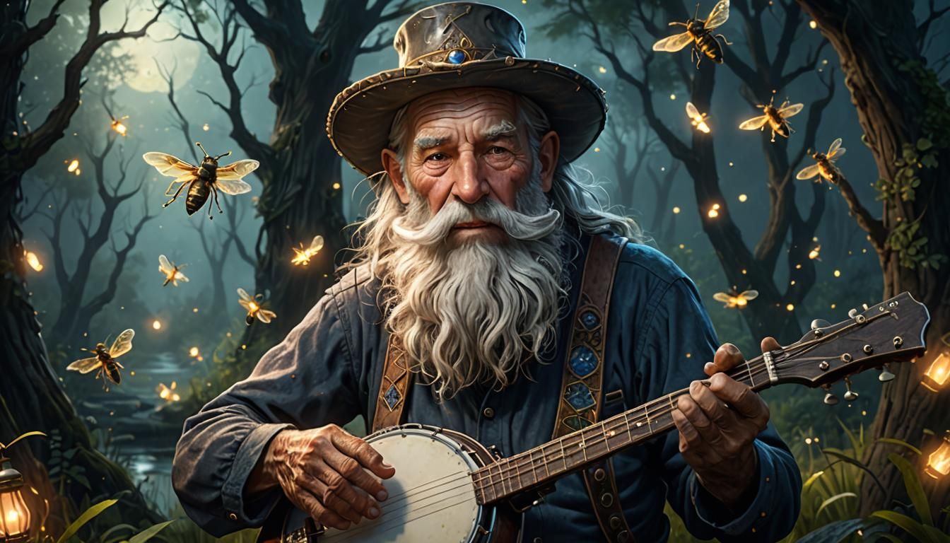 Fireflies and Banjo in Detailed Digital Painting