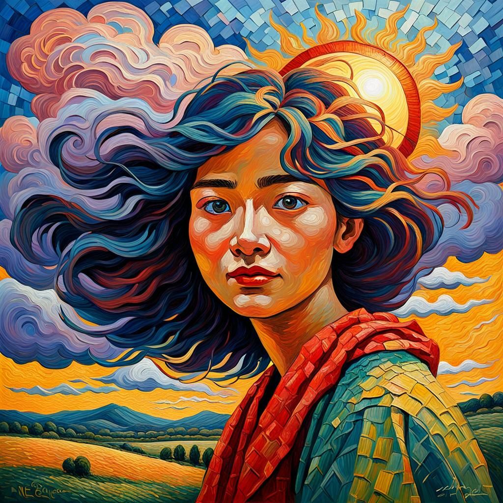 Neo-Impressionist Sun Obscured by Clouds in Expressionist Oi...