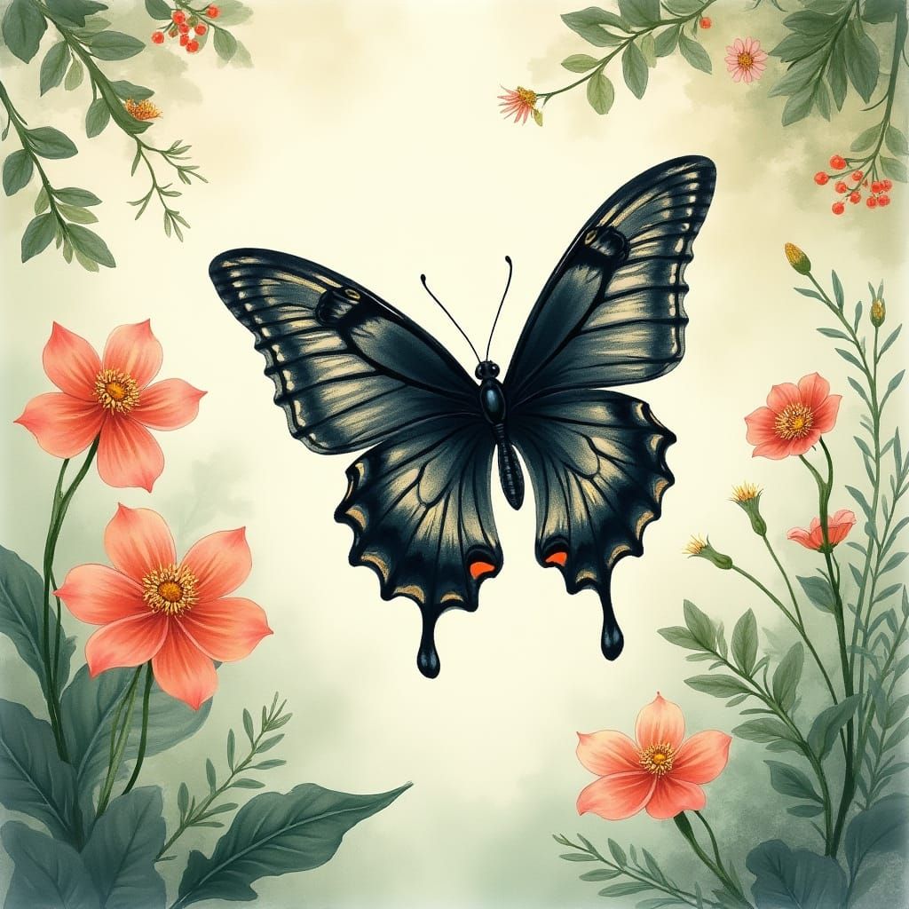 Whimsical Chinese Garden Scene with Delicate Black Butterfly