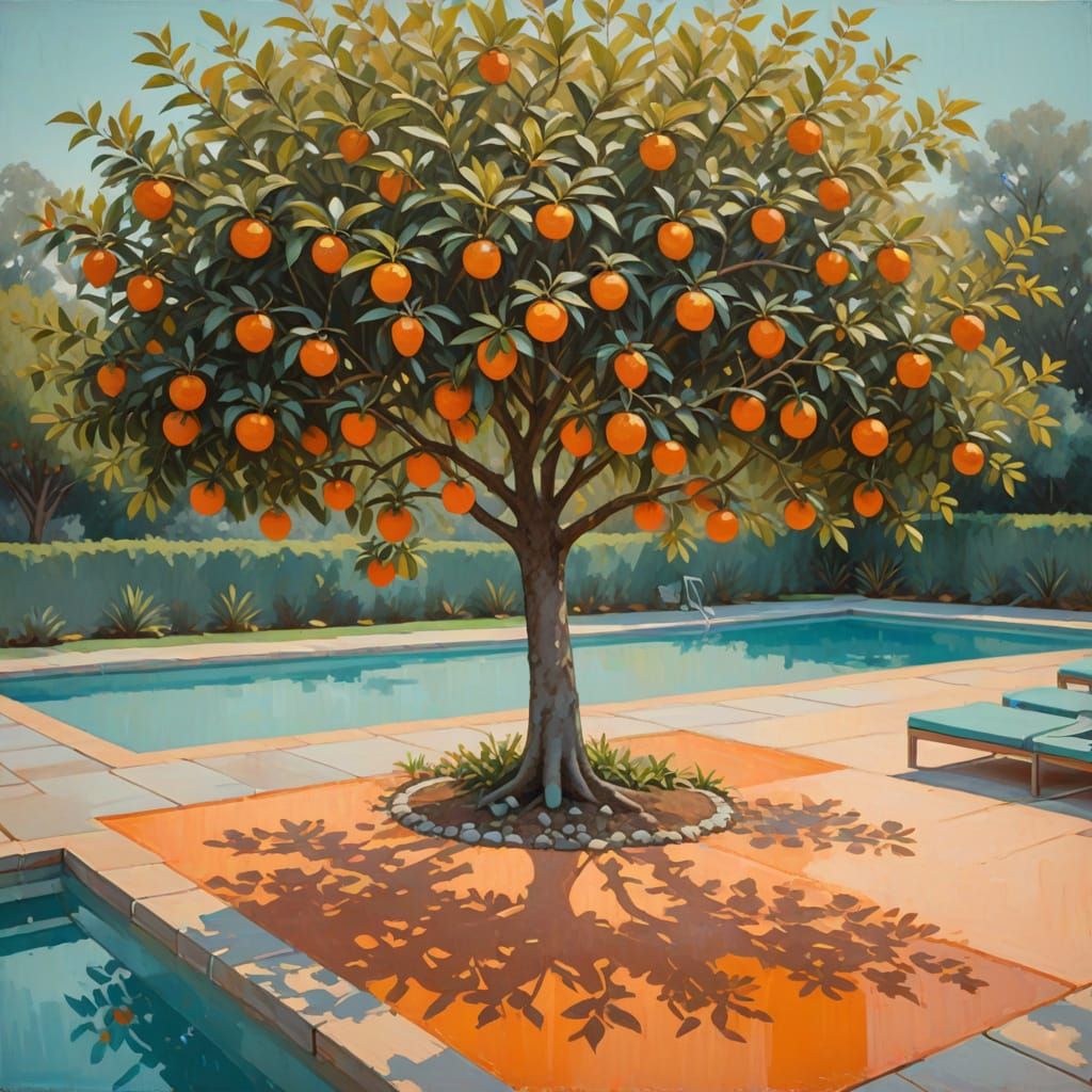 Orange Tree by Pool in Rothko Style Oil Painting