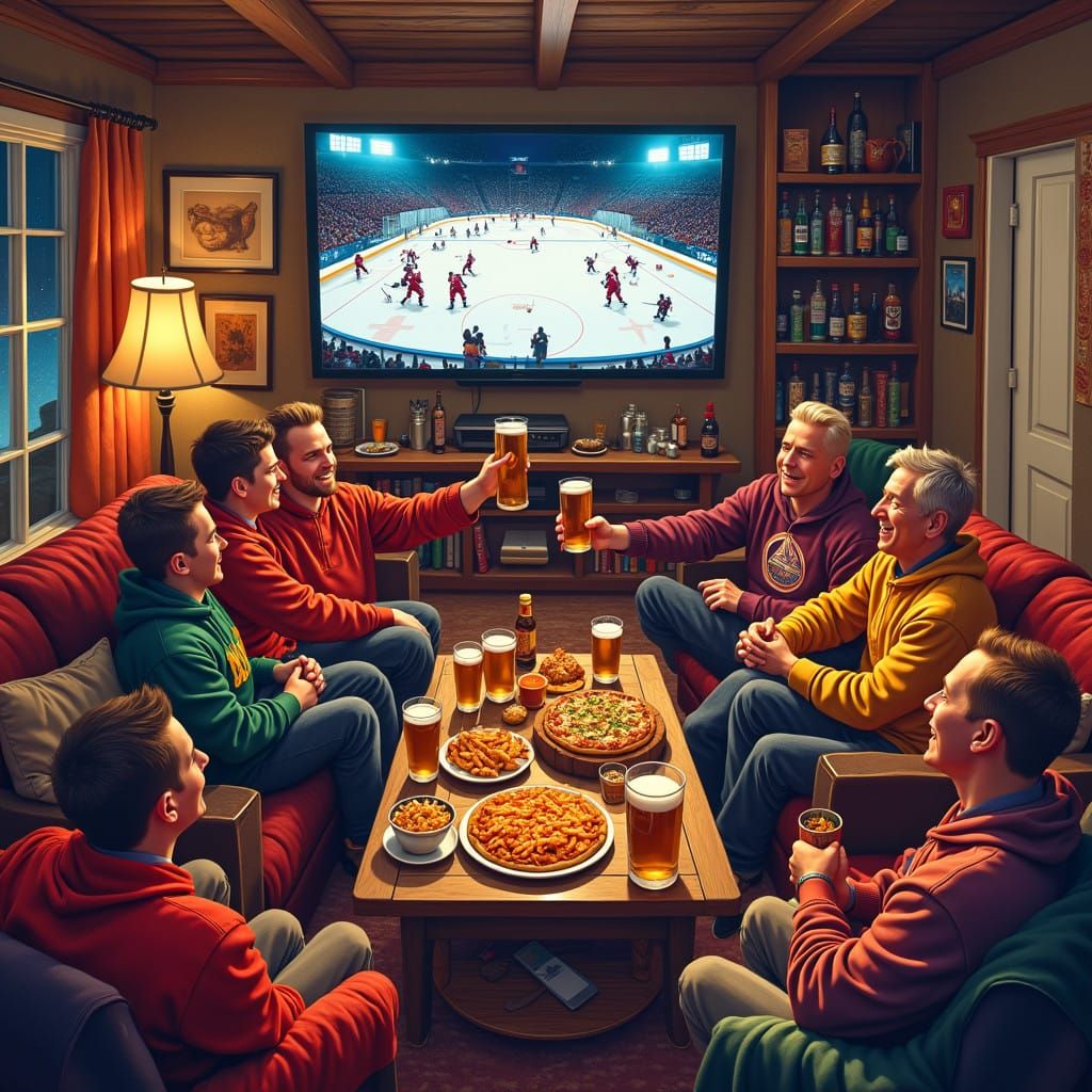 Hockey Fan Viewing Party in Cozy Living Room