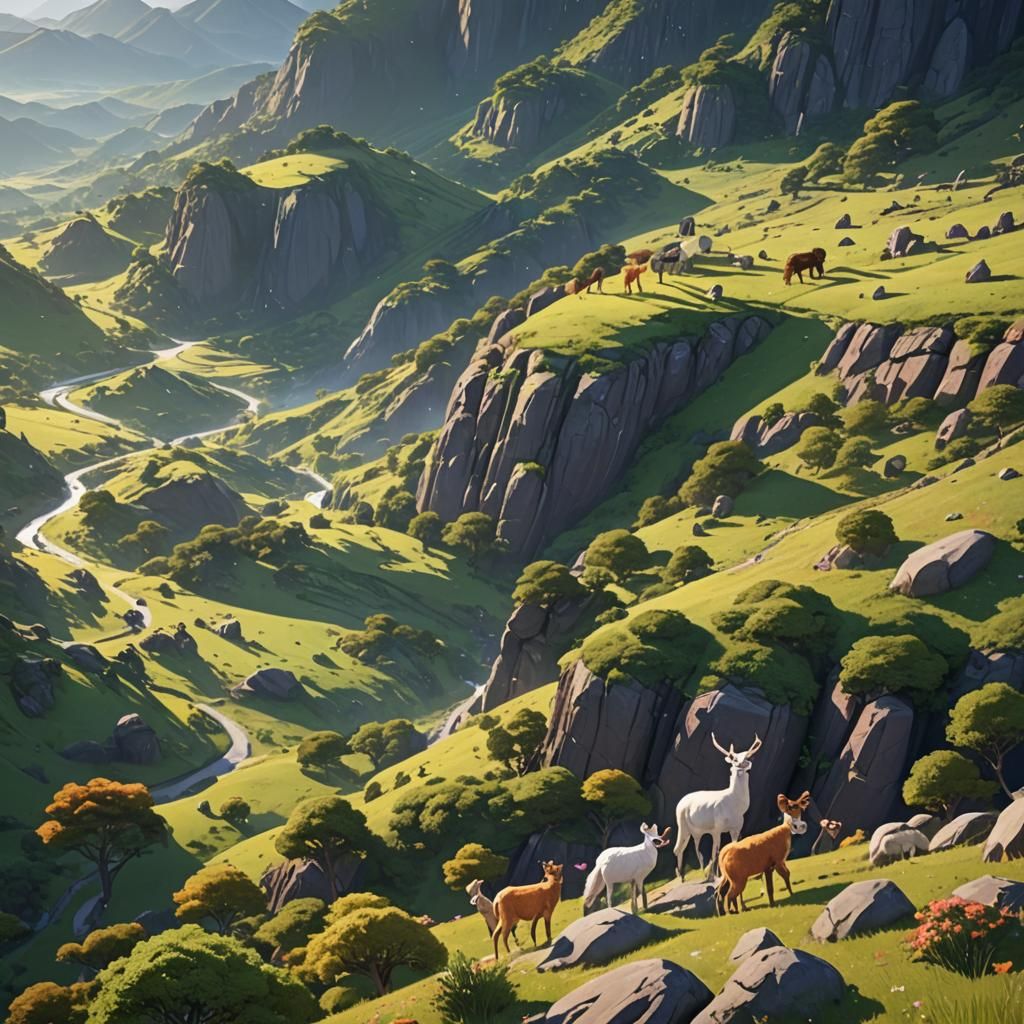 Fluorescent Anime Landscape with Varied Animals