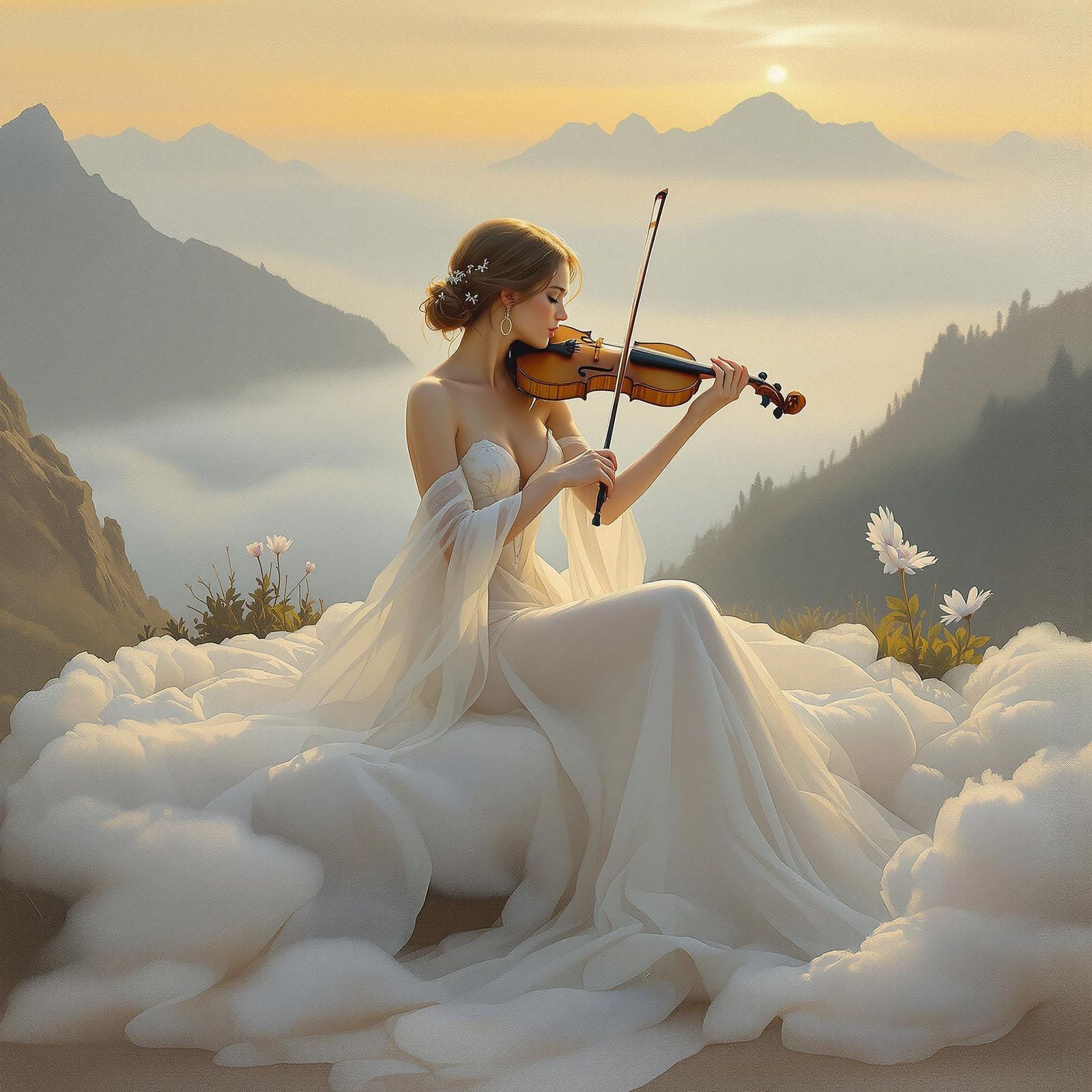 Ethereal Woman Plays Violin on Serene Mountain Peak