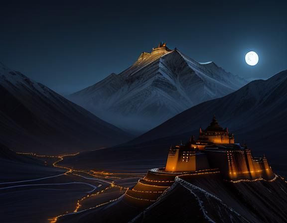 Mysterious Tibetan Monastery Under Full Moon