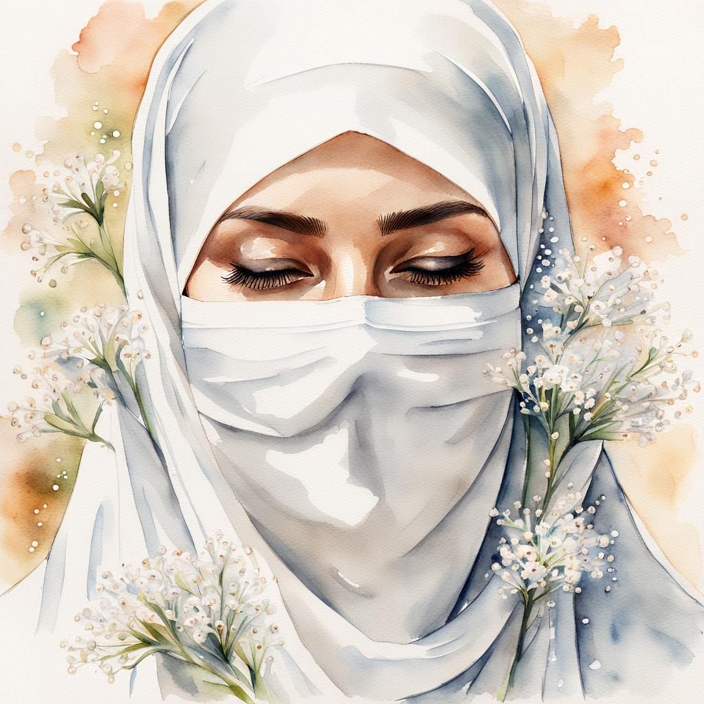 Woman in Niqab: Watercolor Portrait with Flowers
