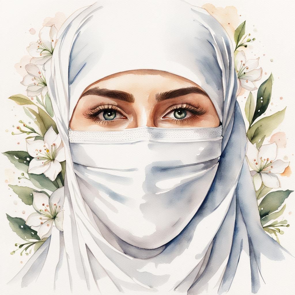 Watercolor Portrait of Woman in Niqab with Flowers