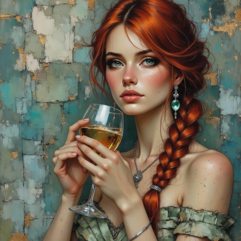 Redhead Woman with Green Eyes Drinks White Wine