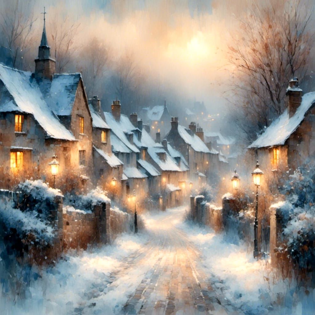 Snowy English Village Watercolor Painting with Lanterns