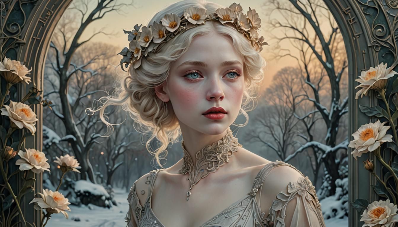 Art Nouveau Albino Beauty in Winter Landscape
