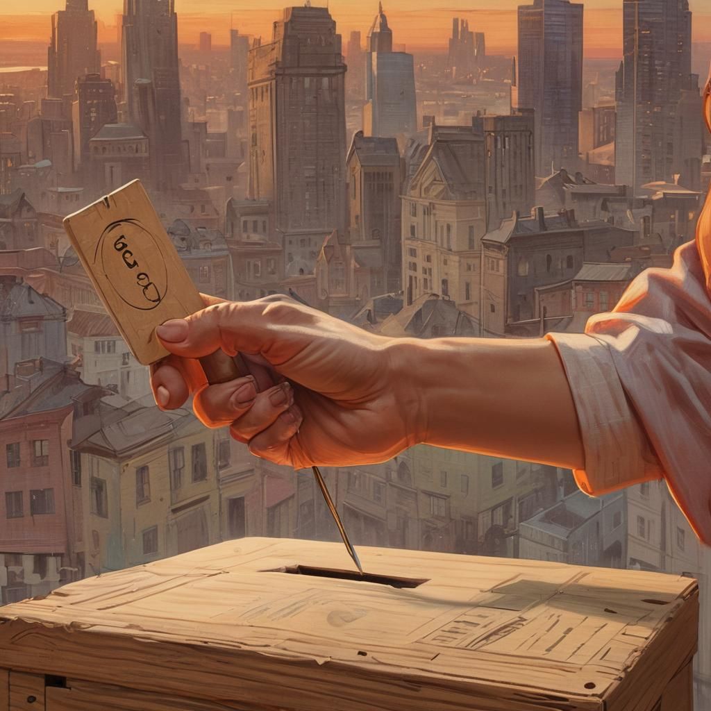 Woman's Hand Holds Voting Pin in Cityscape