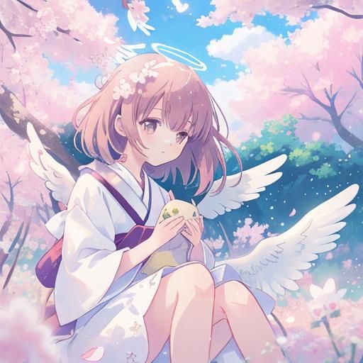 Angel Girl with Cherry Blossoms in Moe Anime Style