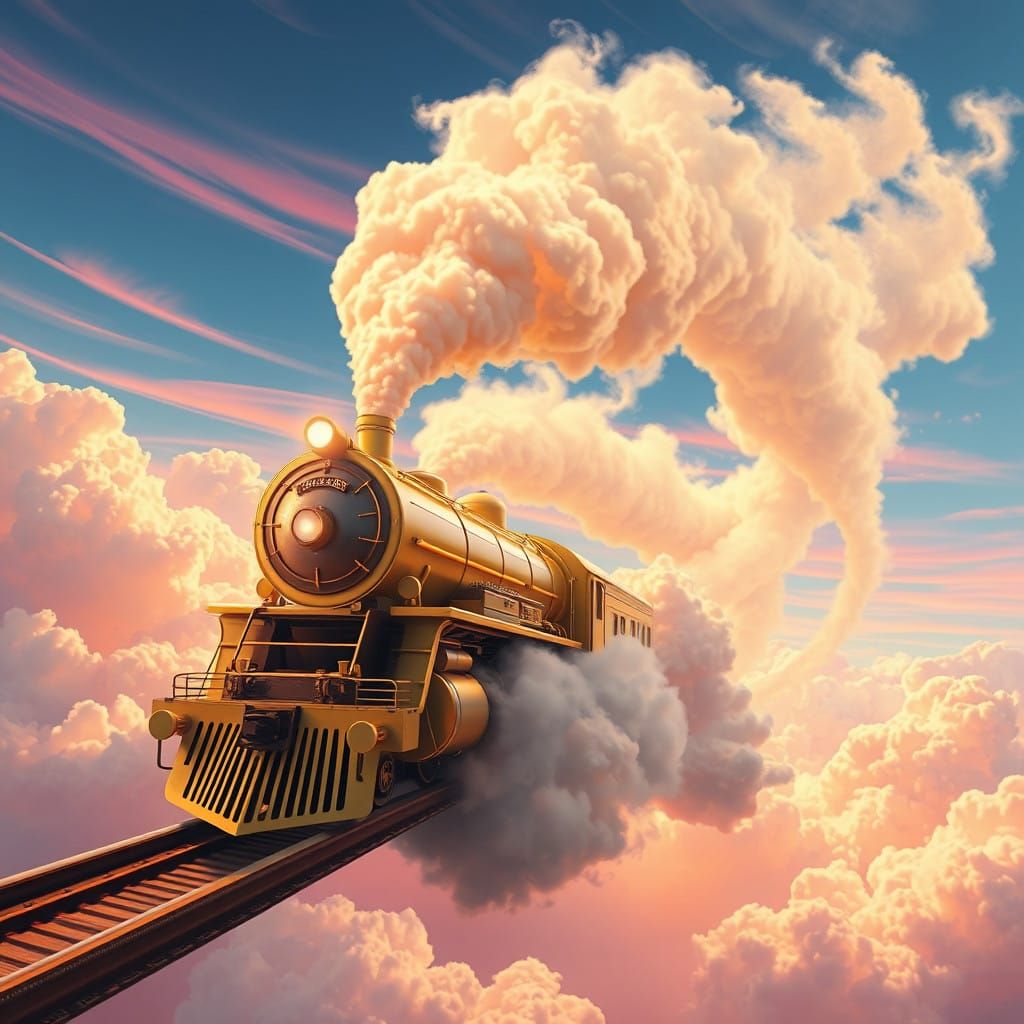 Mythical Locomotive Soars Through Whimsical Sky