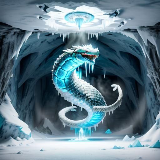 Enchanted White Rattlesnake Exhaling Ice Beam in Icy Cavern