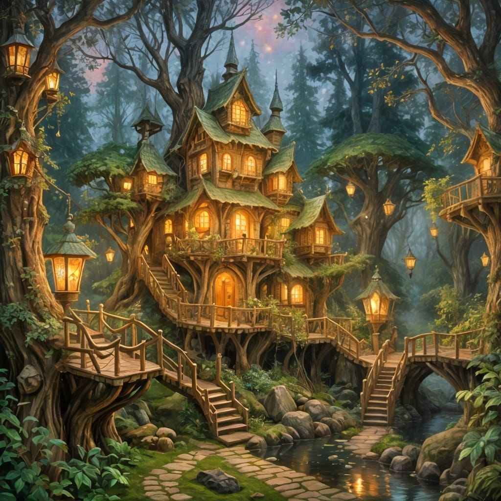 Enchanted Treehouse Village in Vibrant Forest