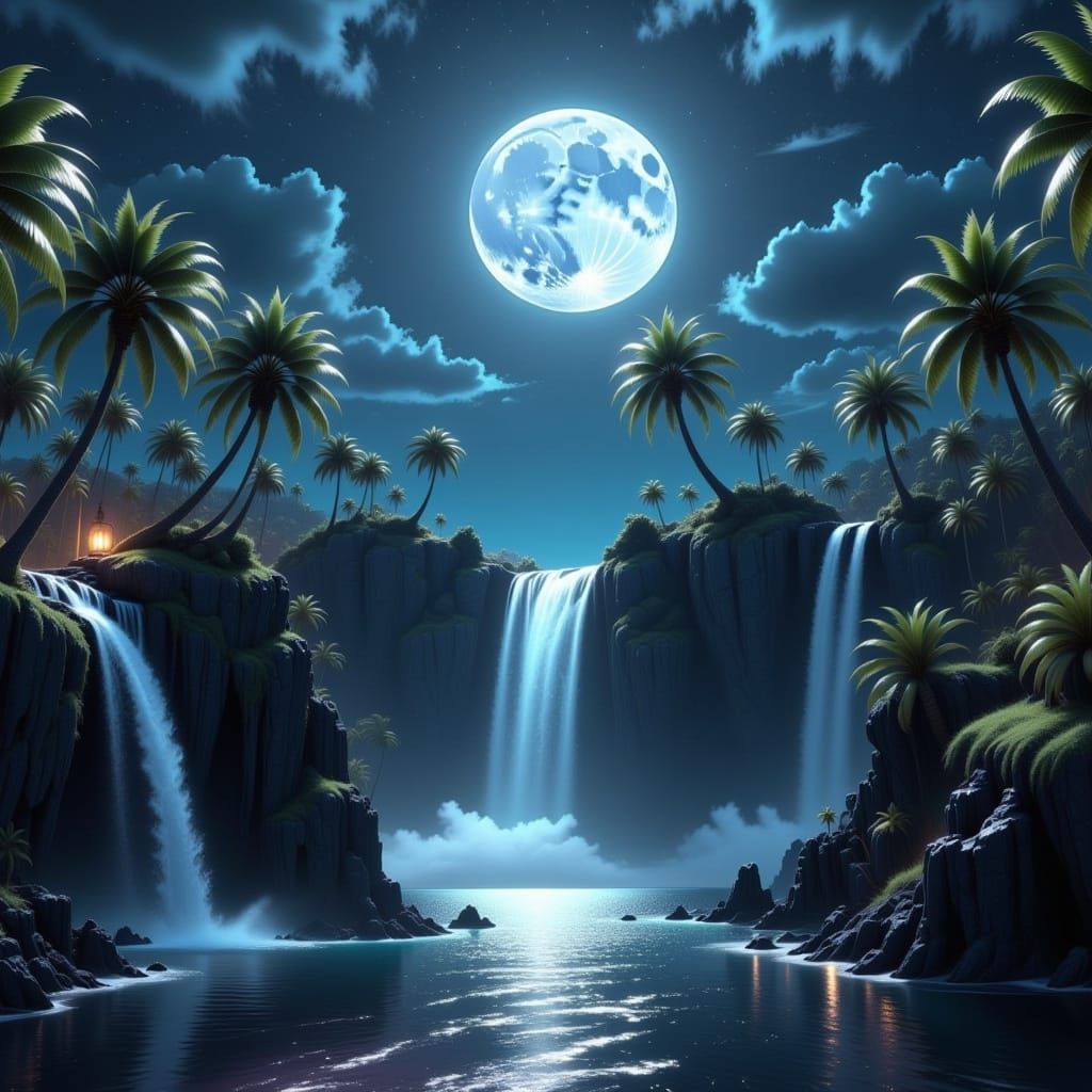 Moonlit Waterfall in Dreamy Landscape Style