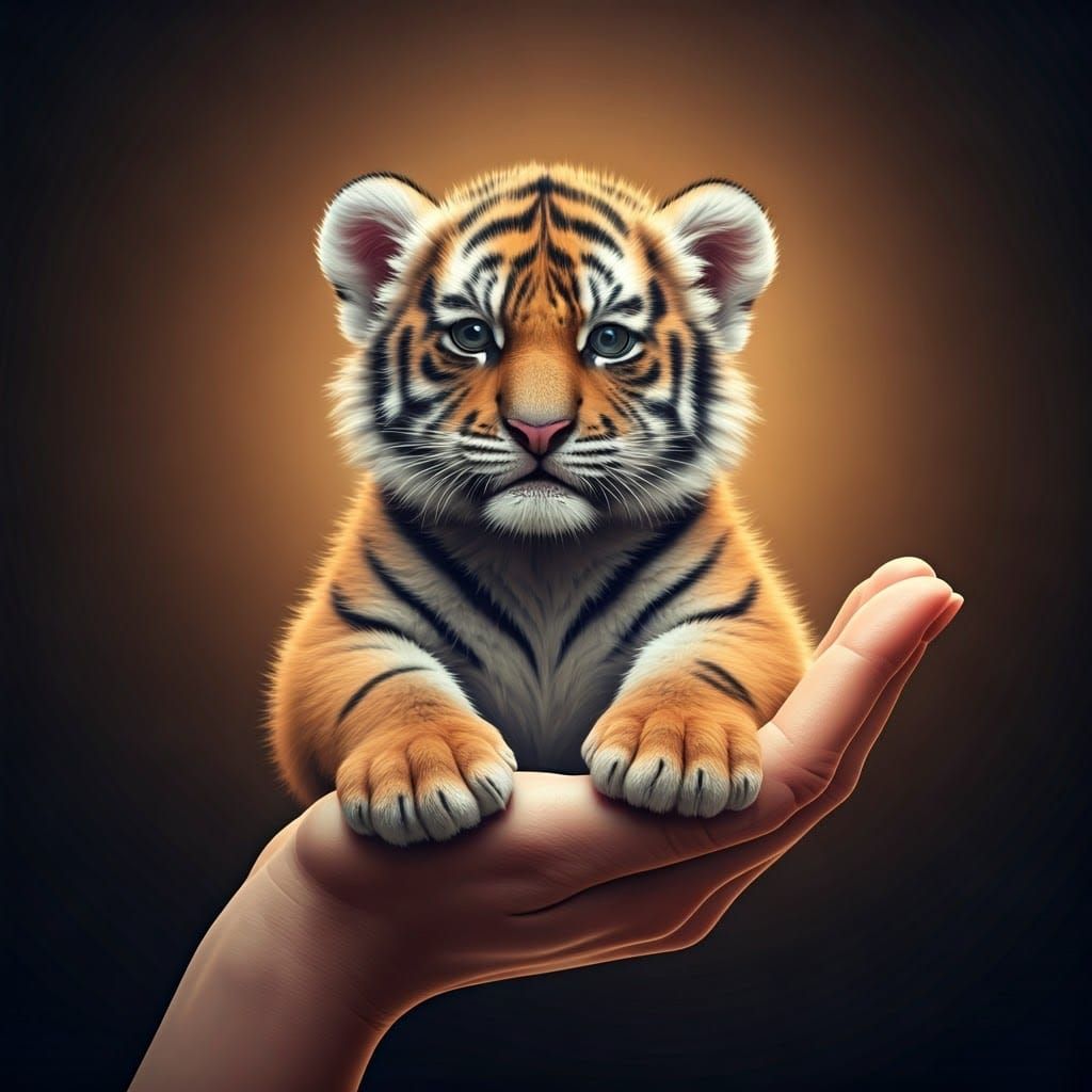 Cute Tiger Cub on Human Hand: 3D Render