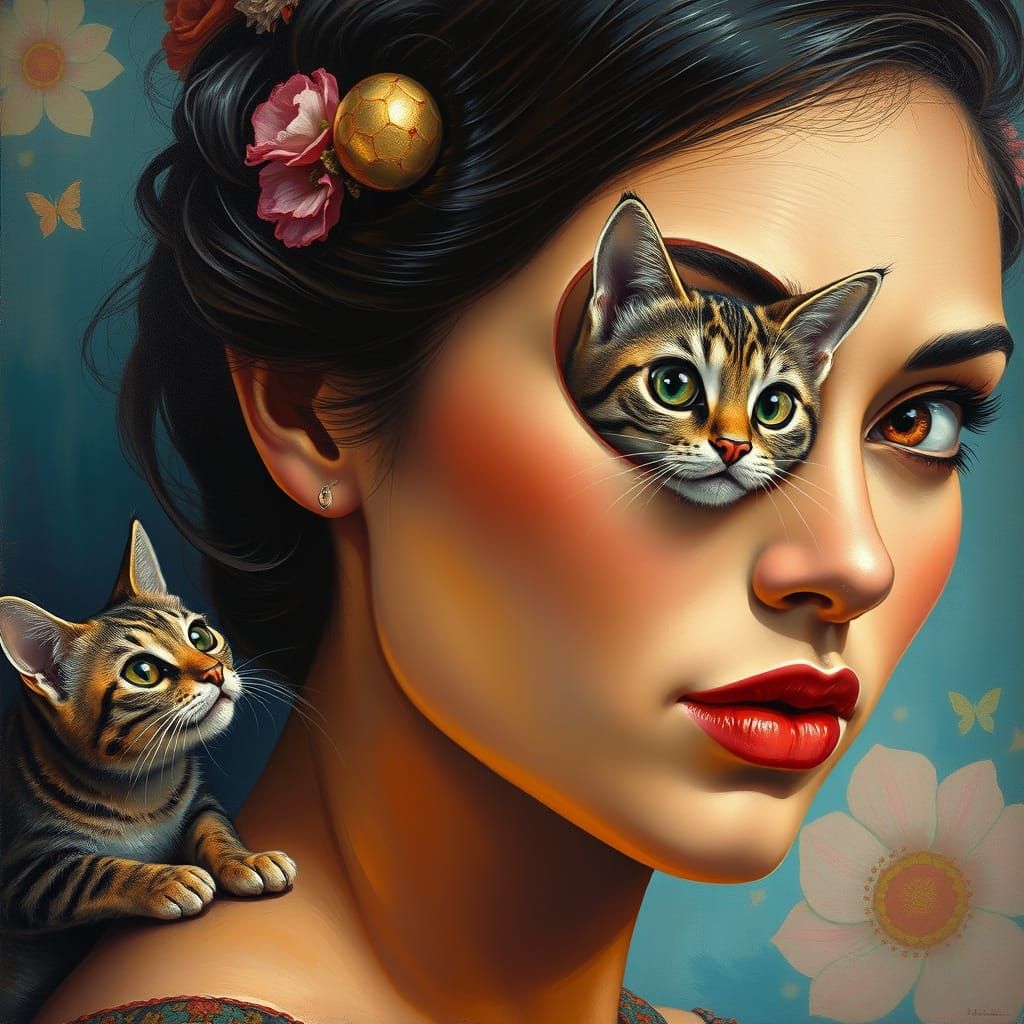 Surreal Woman With Cat Emerging From Eye Oil Painting