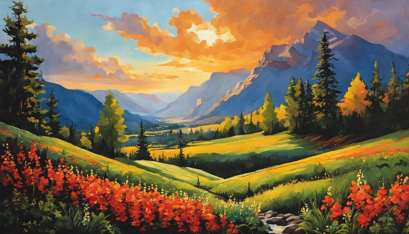 Magnificent Mountain Landscape: Gouache Detailed Painting