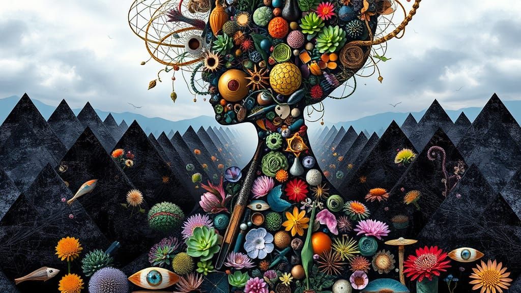 Surreal Figure Made of Artist Tools in Vibrant Colors, Set A...