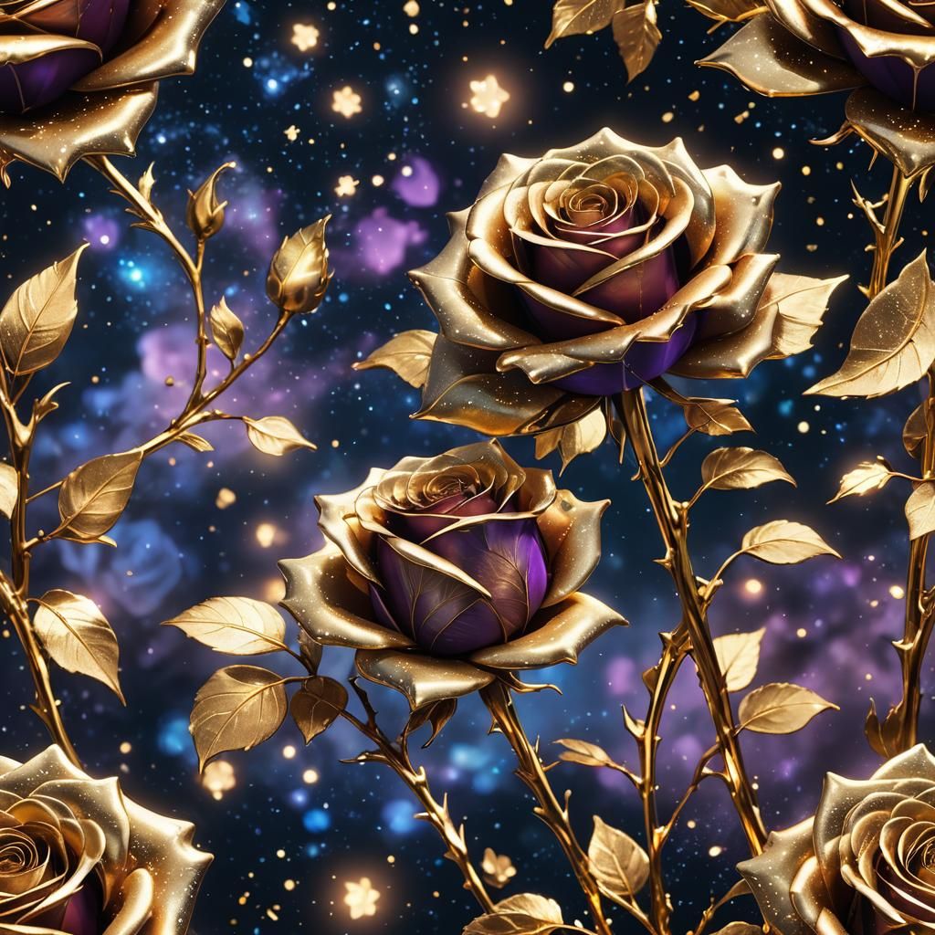 Glowing Gold Rose in Deep Space, Anime Art