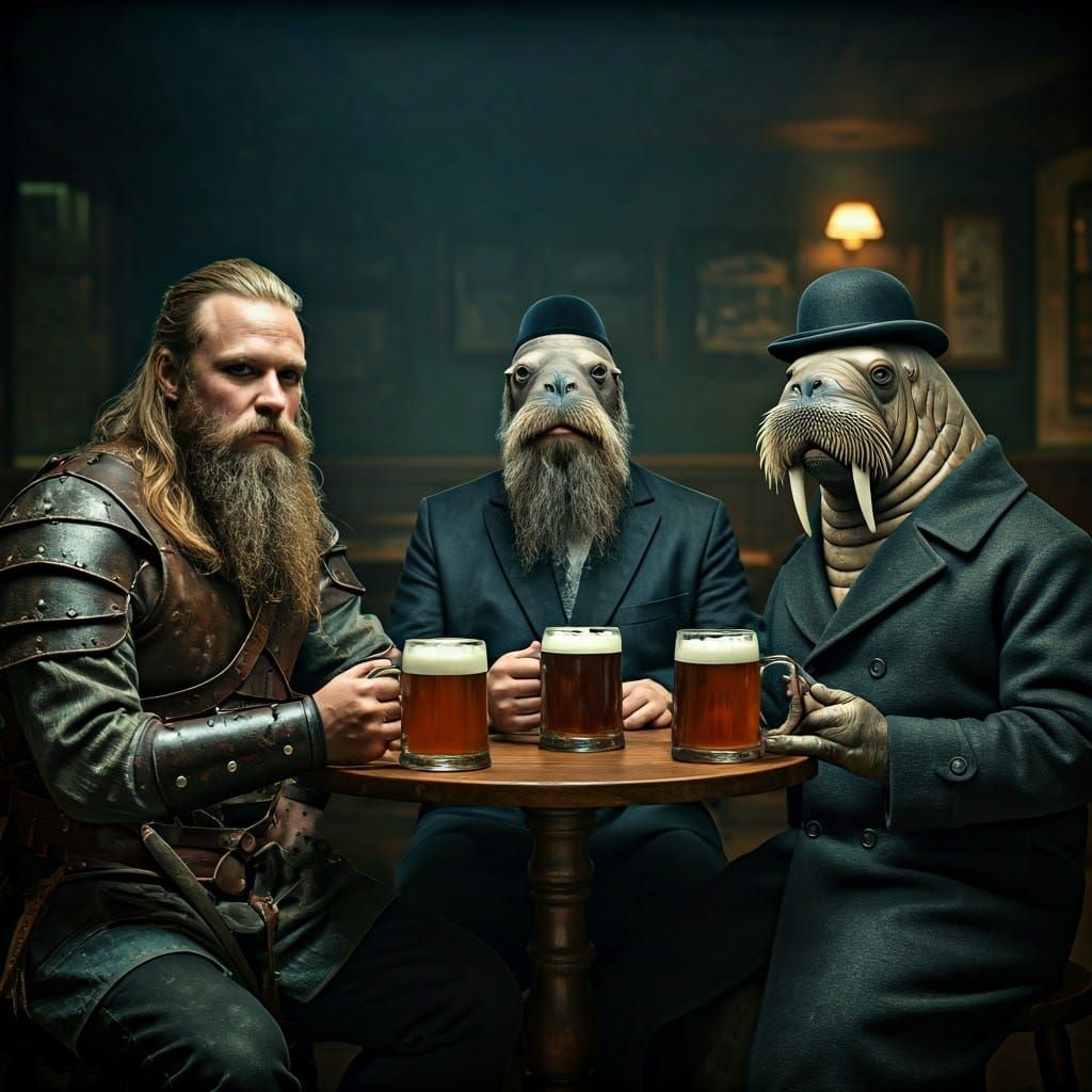Viking, Rabbi, and Walrus Drinking Beer, Film Style
