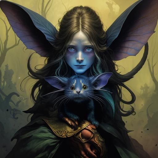 Cute Dark fey creature of the dusk, rodent, cat and rabbit fairy creatures, shadow , protectors seen in shadows, Tim Bur...