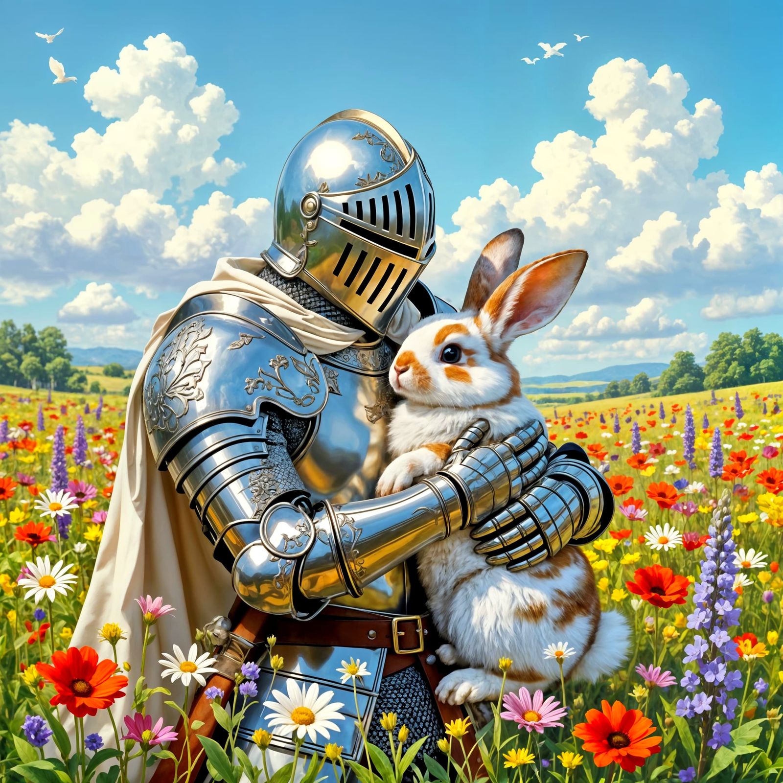 Knight Hugging Rabbit in Flower Field