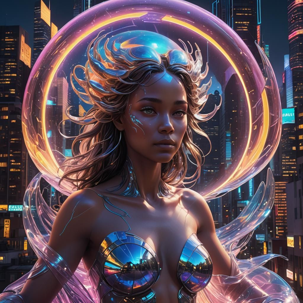 Goddess Venus Emerges in Cyberpunk Cityscape