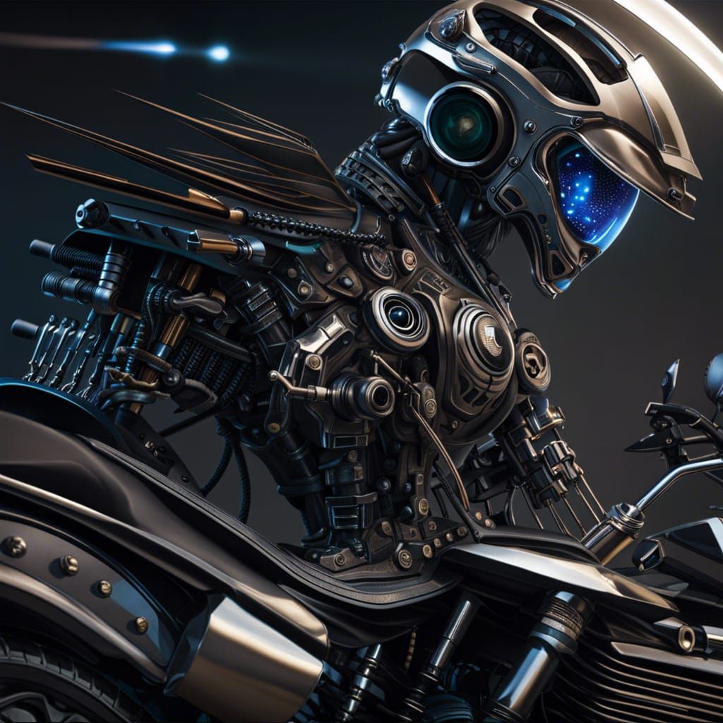 Post-Apocalyptic AI Confrontation on Motorcycle, Detailed Ar...