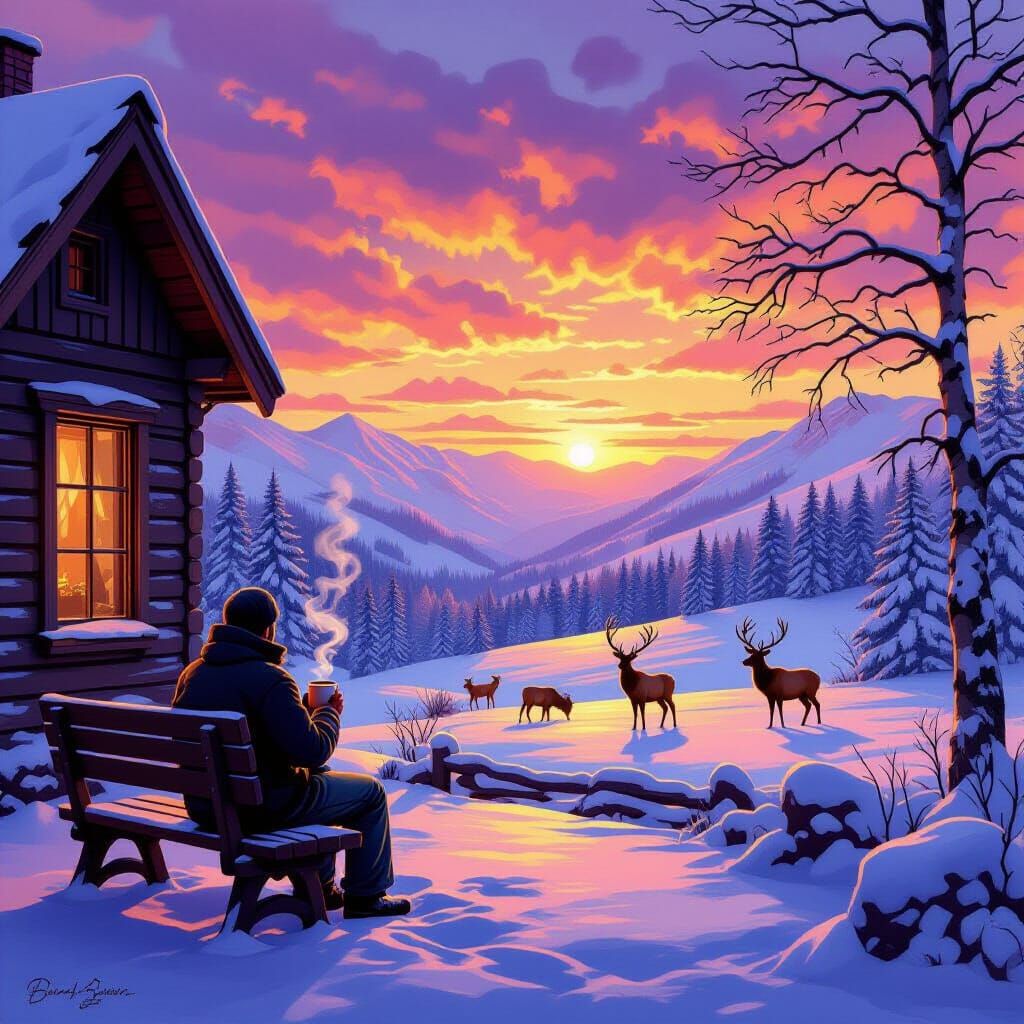 Man Enjoys Sunset Over Winter Wildlife Scene