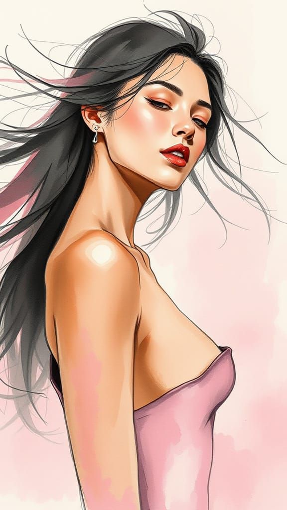 Gestural Watercolor of Bare-Chested Woman in Sumi-e Style